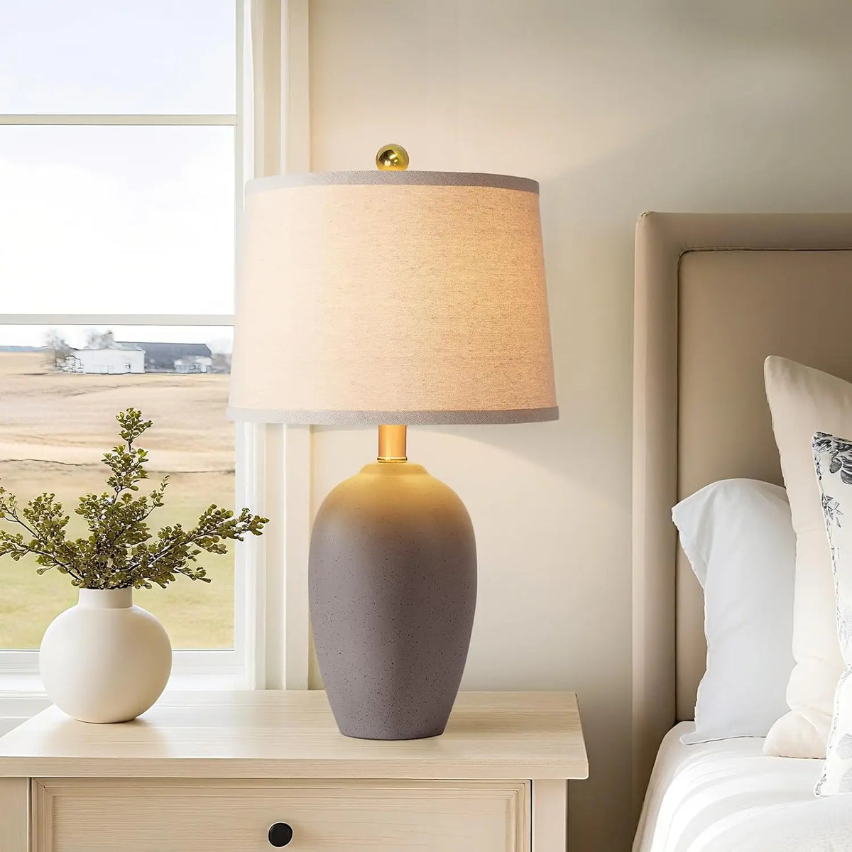 Ceramic Bedside Table Lamp Set of 2, Fabric Shades, Solar Power, 5V for Bedroom and Living Room - product view 4