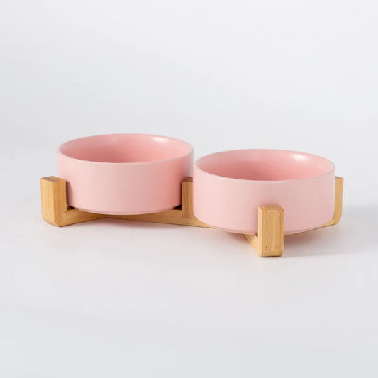 Elevated Ceramic Pet Bowl with Wood Stand, 11, 13 or 15.5 cm, Multiple Colors for Dogs and Cats - product view 1