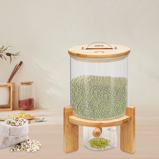 Glass Food Storage Dispenser, Airtight 1.32-Gallon Grain Container with Bamboo Lid, Measuring Cup and Stand - product view 1