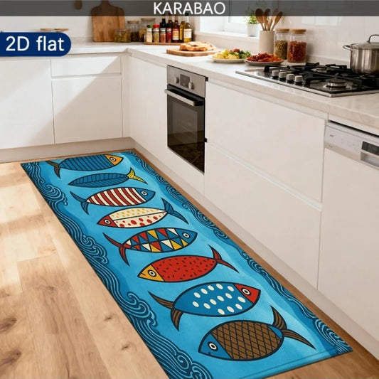 Colorful Cartoon Fish Print Runner Rug, Washable Polyester Mat with PVC Backing for Kitchen, Laundry and Entryway - product view 1