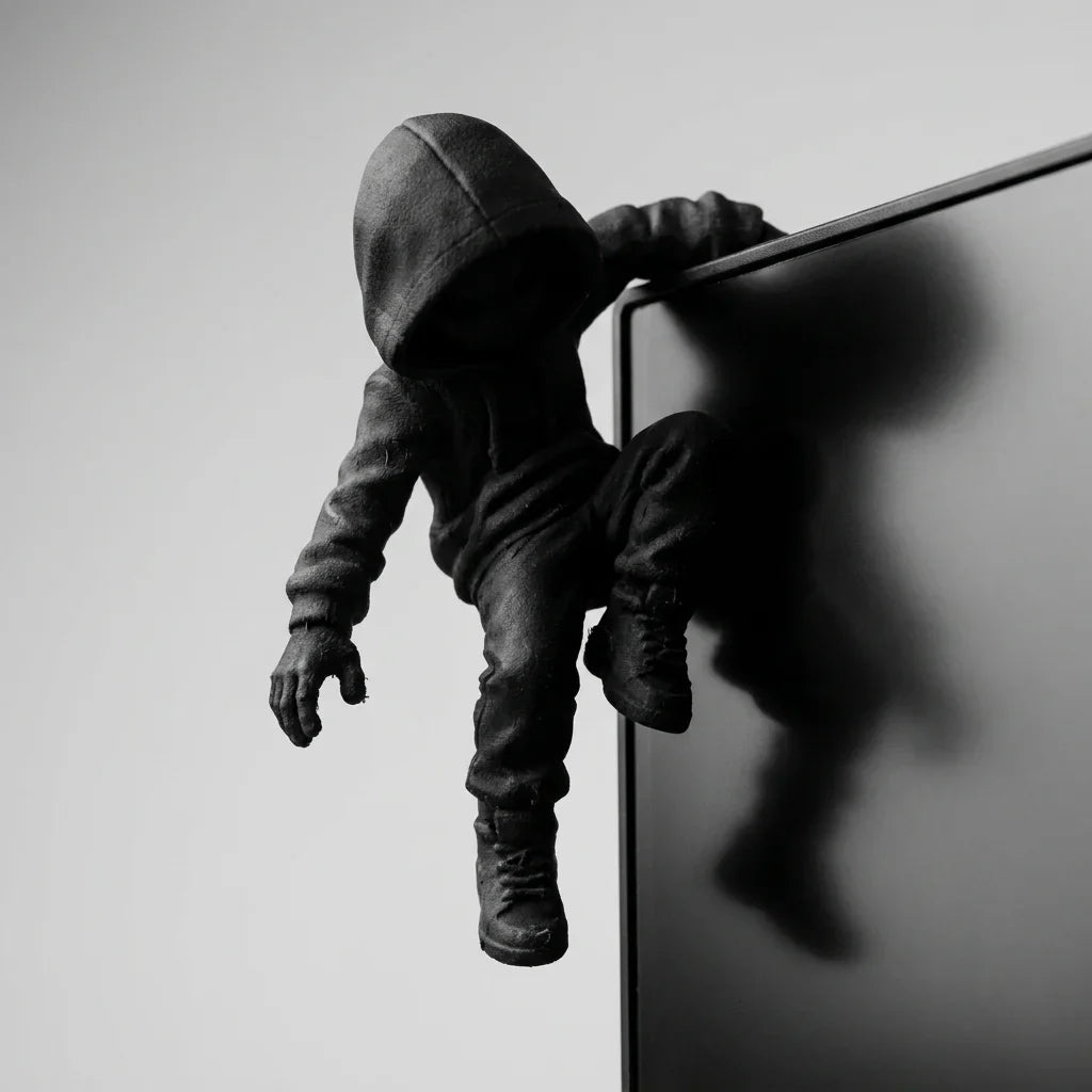 Hooded Climber Monitor Decor Figurine, Matte Black Plastic 3D Printed Desk Ornament for Gaming Setups - product view 1