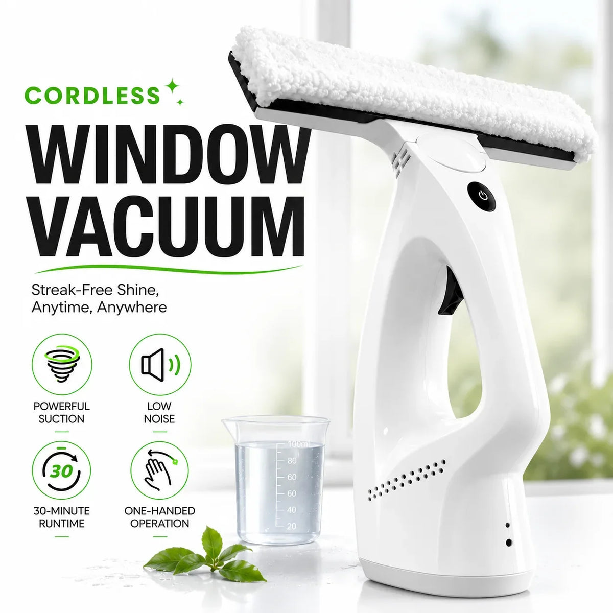 Cordless Window Vacuum Squeegee, 2000Pa Suction, Spray and Water Collection Tanks for Windows, Mirrors and Shower Doors - product view 2