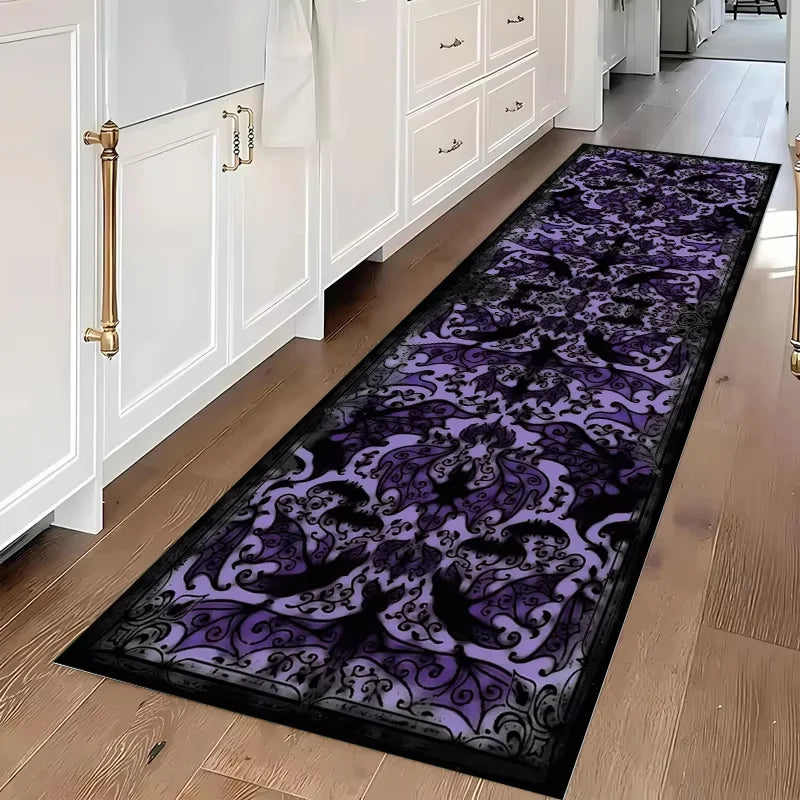 Polyester Runner Rug, Printed Machine-Made Anti-Slip Carpet with PVC Backing, Halloween Bat Skull Design for Entryway and Hallway - product view 1