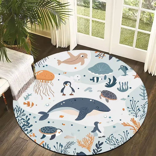 Round Cartoon Ocean Animal Rug, Soft Polyester, Non-Slip Polypropylene Backing, Washable Sizes for Kids’ Bedrooms - product view 1