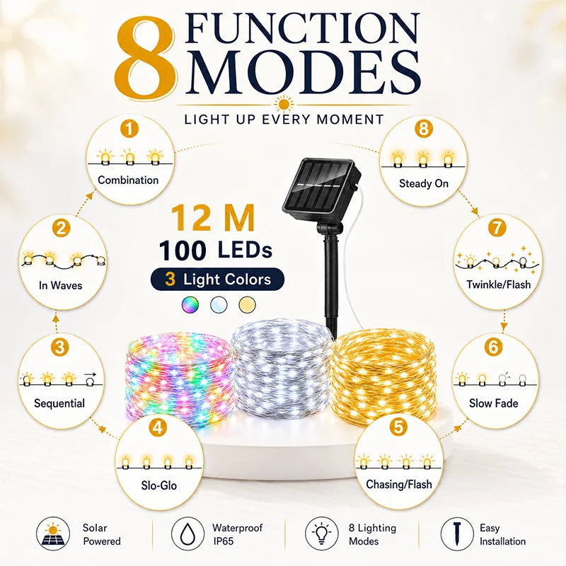 Solar String Lights, 100 LED Fairy Lights, 12-Meter Waterproof Garden Decor with 8 Lighting Modes and Color Options - product view 5