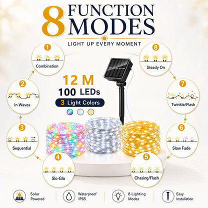 Solar String Lights, 100 LED Fairy Lights, 12-Meter Waterproof Garden Decor with 8 Lighting Modes and Color Options - product view 5