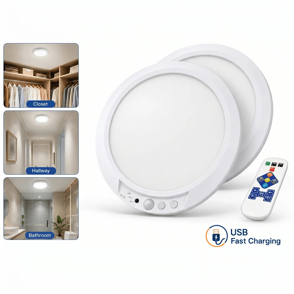 Rechargeable Motion Sensor Ceiling Light, Remote Control, 10 Brightness Levels, 3 Color Temperatures for Hallway and Patio - product view 2