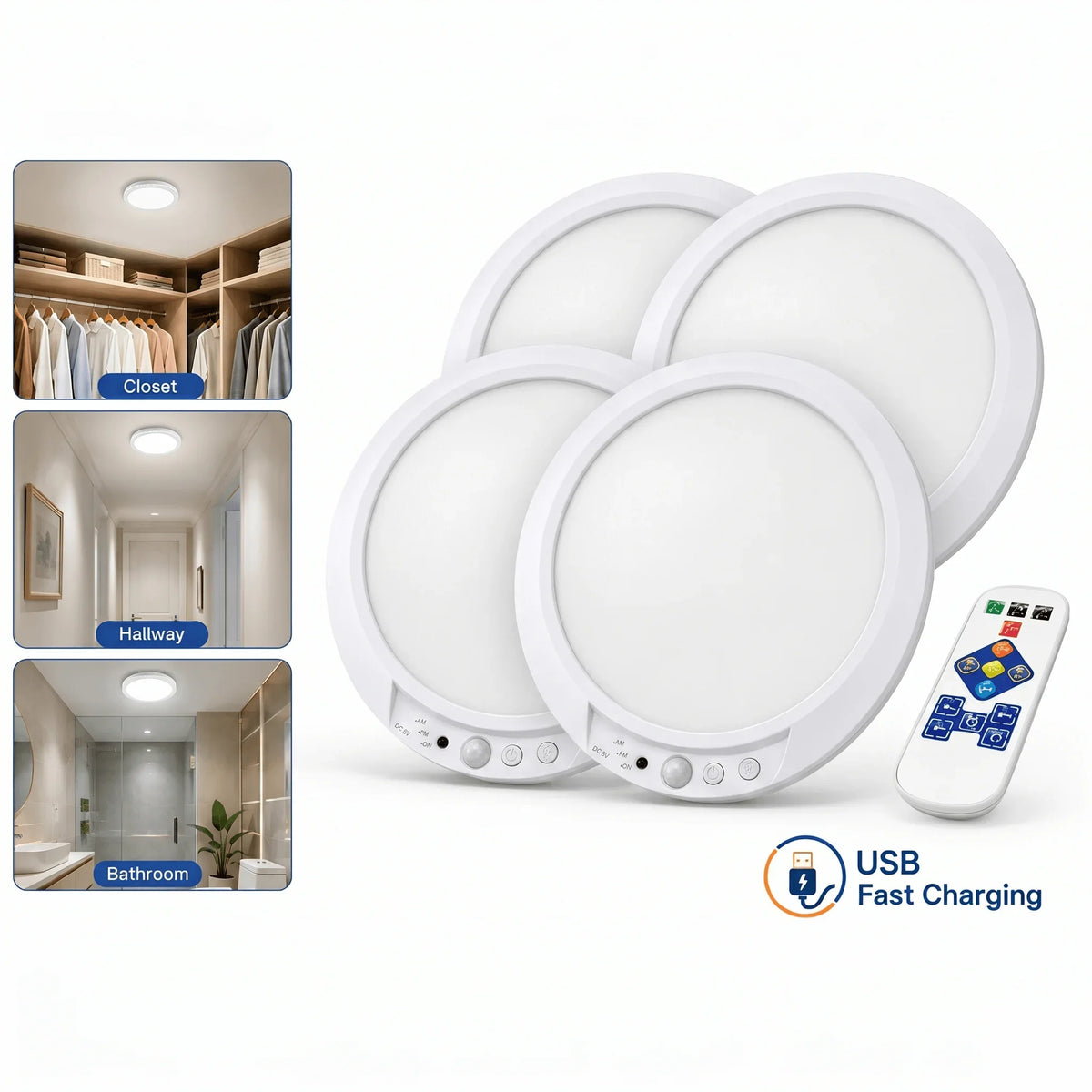 Rechargeable Motion Sensor Ceiling Light, Remote Control, 10 Brightness Levels, 3 Color Temperatures for Hallway and Patio - product view 3
