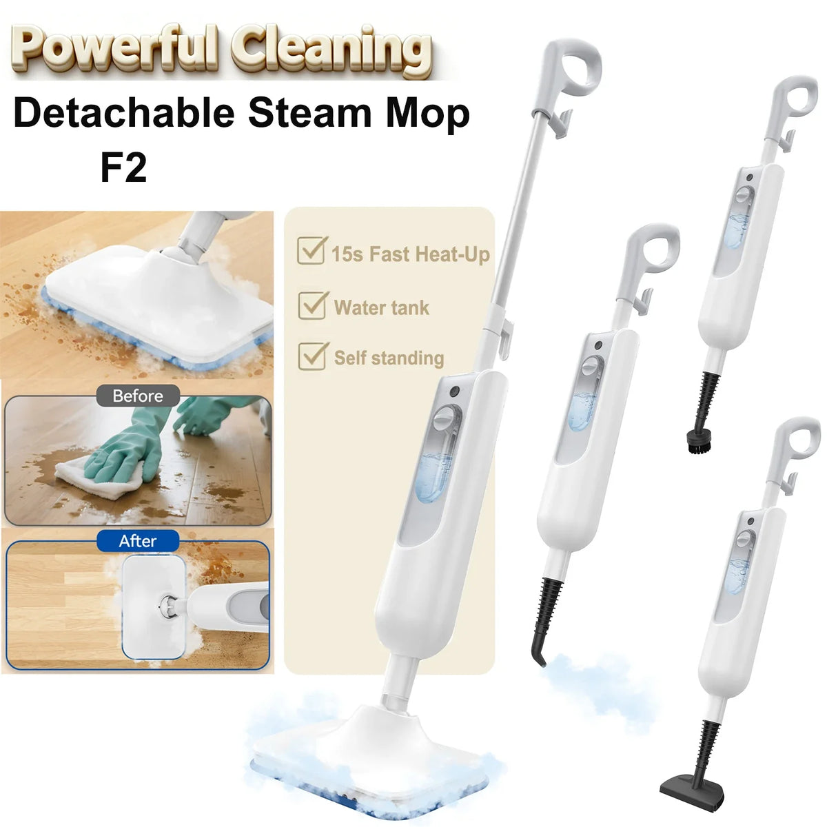 F2 6-in-1 Steam Mop, High-Temperature Floor Cleaner with Dual Steam Modes, Detachable Handle and US Plug - product view 2