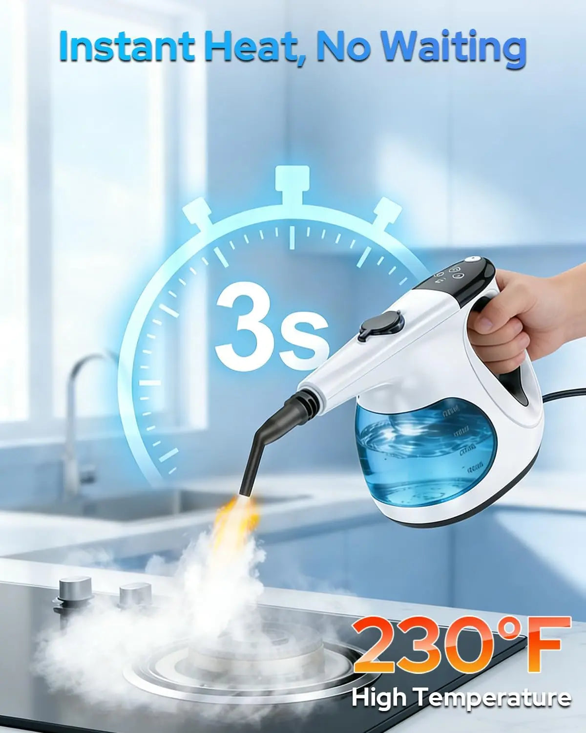 Handheld Steam Cleaner, 3-Second Heat, 3-Level Steam Control, 230°F Jet, Safety Lock, Attachments for Floors and Stovetops - product view 2