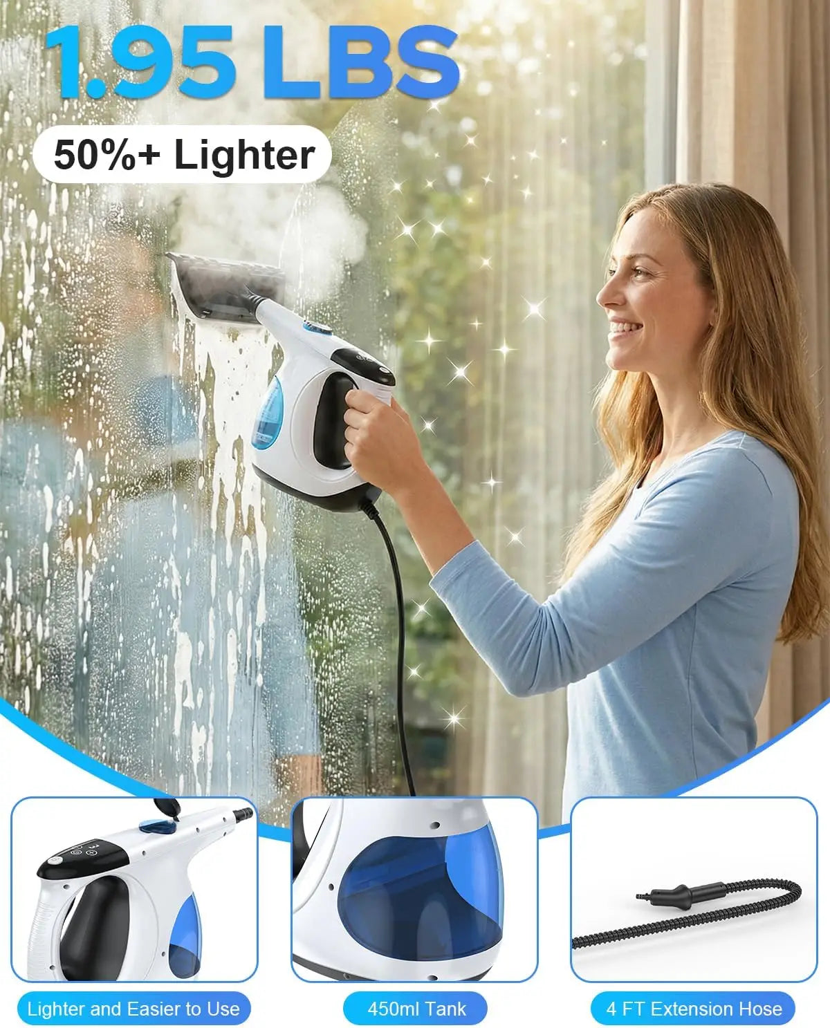 Handheld Steam Cleaner, 3-Second Heat, 3-Level Steam Control, 230°F Jet, Safety Lock, Attachments for Floors and Stovetops - product view 3