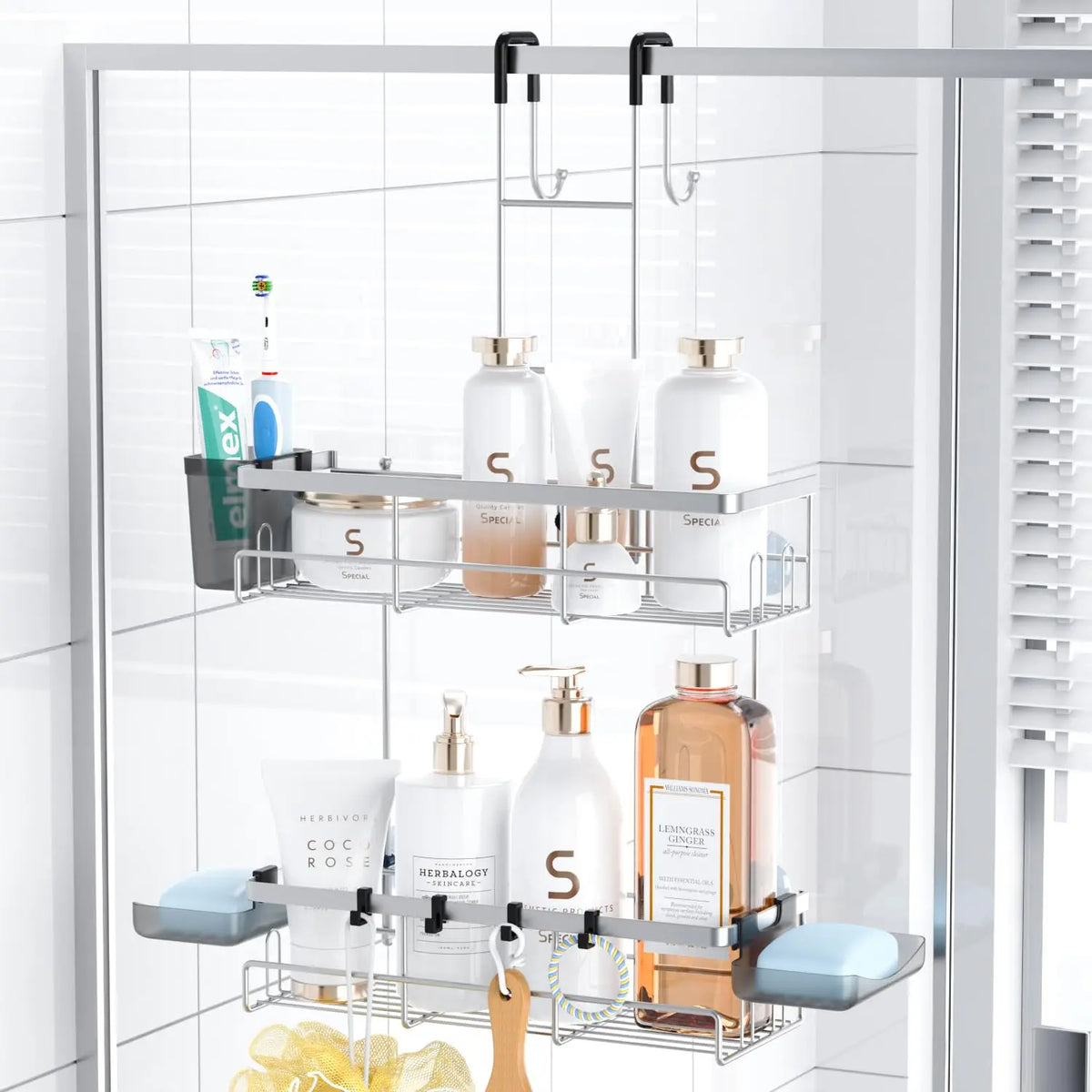 Adhesive Shower Caddy, No-Drill Wall-Mounted Bathroom Organizer with Removable Hooks, Rust-Proof Shelf - product view 1