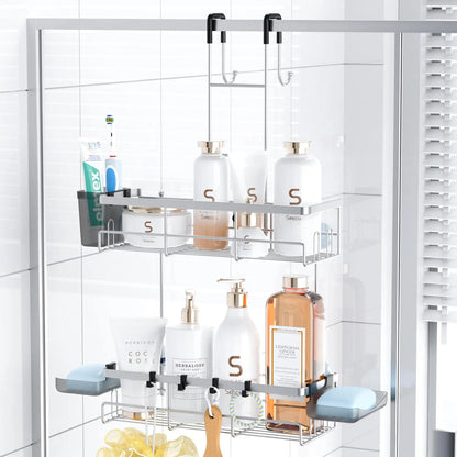 Adhesive Shower Caddy, No-Drill Wall-Mounted Bathroom Organizer with Removable Hooks, Rust-Proof Shelf - product view 1