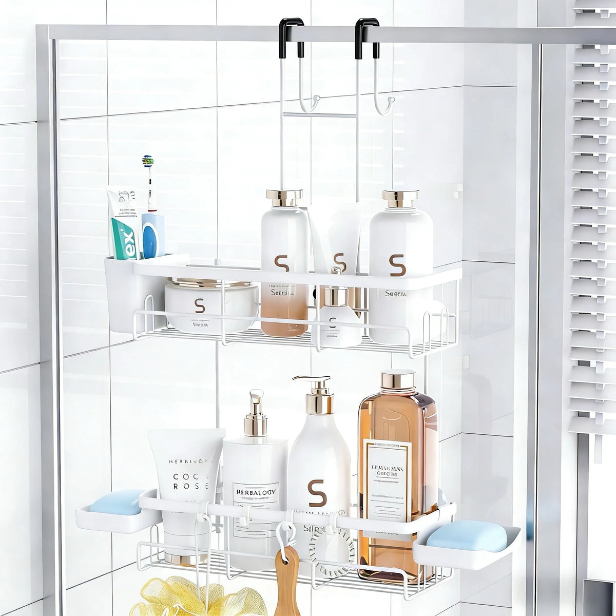 Adhesive Shower Caddy, No-Drill Wall-Mounted Bathroom Organizer with Removable Hooks, Rust-Proof Shelf - product view 2