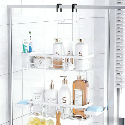 Adhesive Shower Caddy, No-Drill Wall-Mounted Bathroom Organizer with Removable Hooks, Rust-Proof Shelf - product view 2