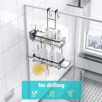Adhesive Shower Caddy, No-Drill Wall-Mounted Bathroom Organizer with Removable Hooks, Rust-Proof Shelf - product view 6