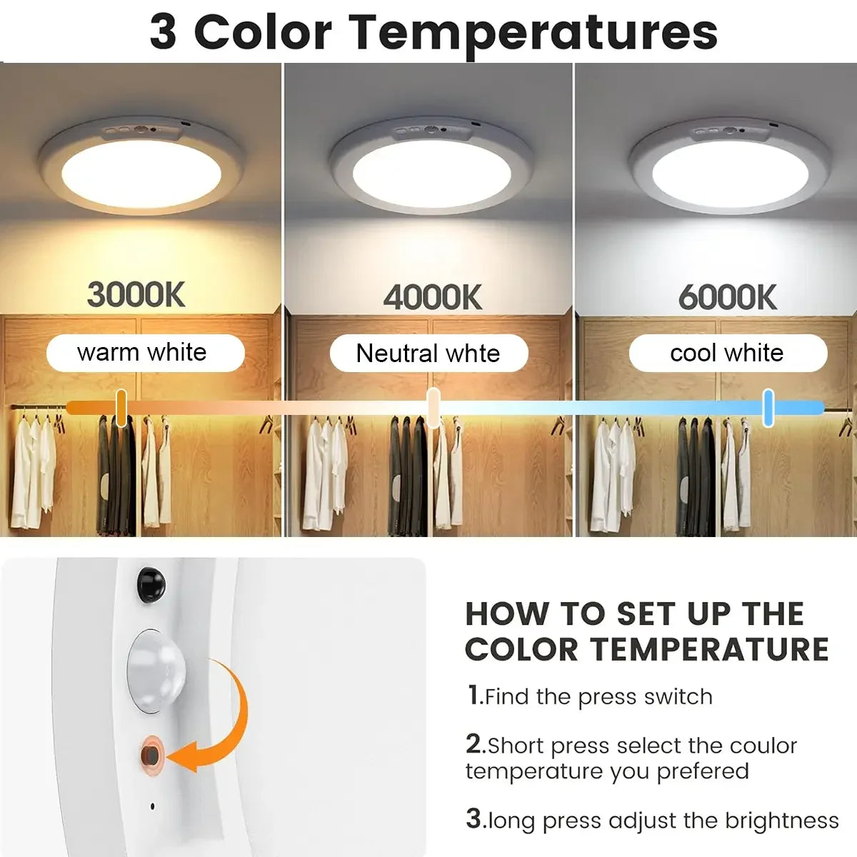 Rechargeable Motion Sensor Ceiling Light with Remote, Dimmable Wireless Magnetic Design, 10000mAh, 3000K 4000K 6000K - product view 5