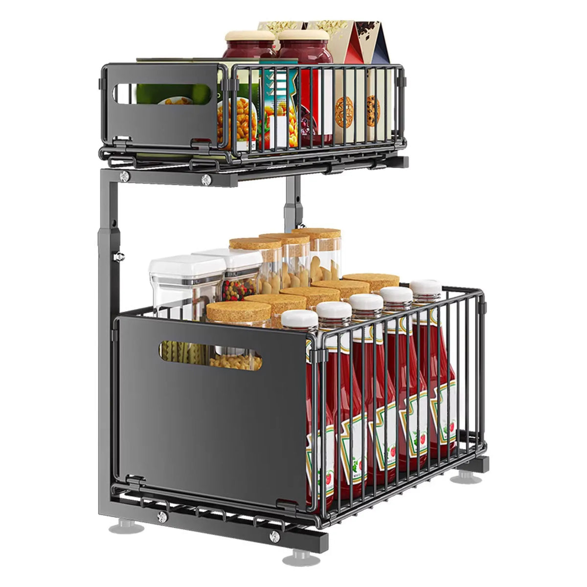 Adjustable 2-Tier Cabinet Organizer Shelf, Pull-Out Steel Drawers, Height Adjustable 41-48.5 cm, Black Kitchen Sink Storage - product view 1