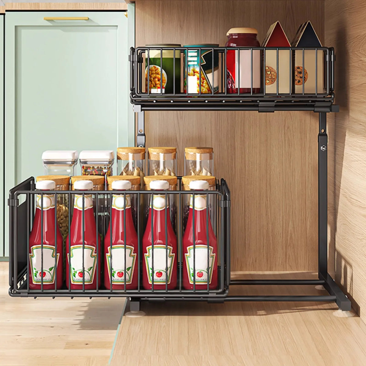 Adjustable 2-Tier Cabinet Organizer Shelf, Pull-Out Steel Drawers, Height Adjustable 41-48.5 cm, Black Kitchen Sink Storage - product view 2