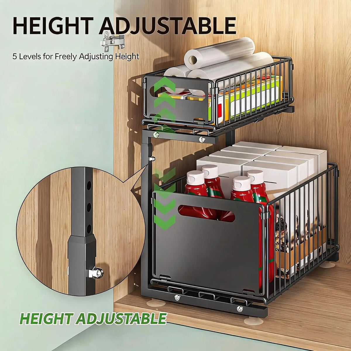Adjustable 2-Tier Cabinet Organizer Shelf, Pull-Out Steel Drawers, Height Adjustable 41-48.5 cm, Black Kitchen Sink Storage - product view 3