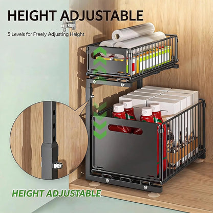 Adjustable 2-Tier Cabinet Organizer Shelf, Pull-Out Steel Drawers, Height Adjustable 41-48.5 cm, Black Kitchen Sink Storage - product view 3