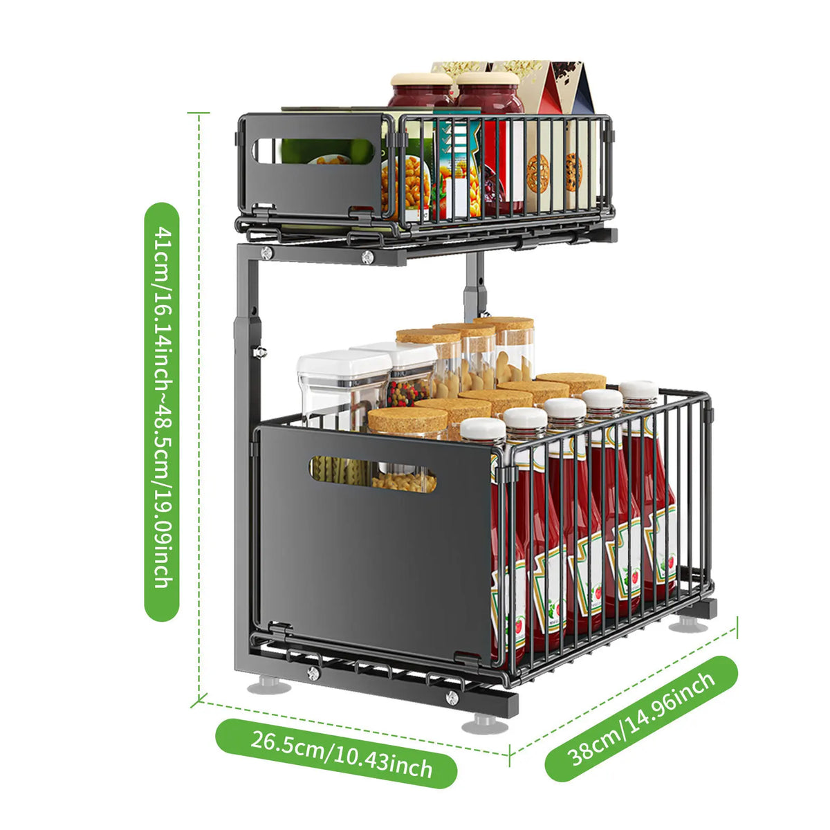 Adjustable 2-Tier Cabinet Organizer Shelf, Pull-Out Steel Drawers, Height Adjustable 41-48.5 cm, Black Kitchen Sink Storage - product view 4