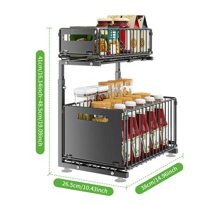 Adjustable 2-Tier Cabinet Organizer Shelf, Pull-Out Steel Drawers, Height Adjustable 41-48.5 cm, Black Kitchen Sink Storage - product view 4