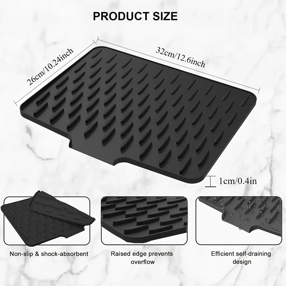 Silicone Dish Drying Mat, Large Rectangle Sink Drain Mat for Countertops, Sinks and Refrigerators, Grey or Black - product view 2