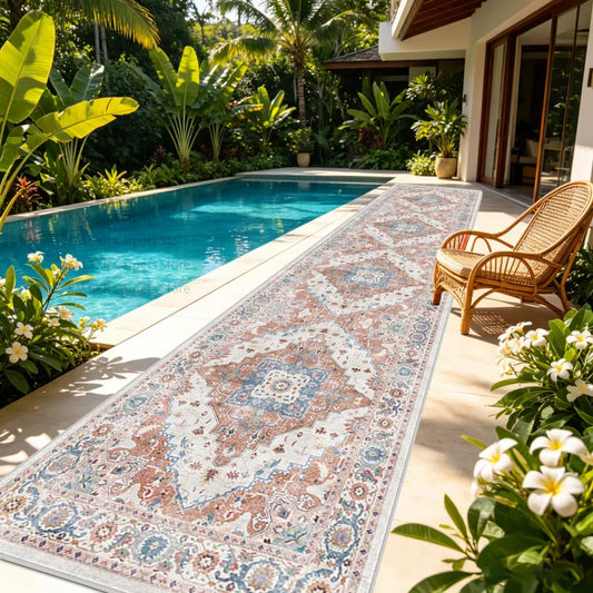 Distressed Light Grey Moroccan Medallion Runner Rug, Non-Slip Fade-Resistant 100% Polyester, Machine-Made Mat for Patio and Hallway - product view 1