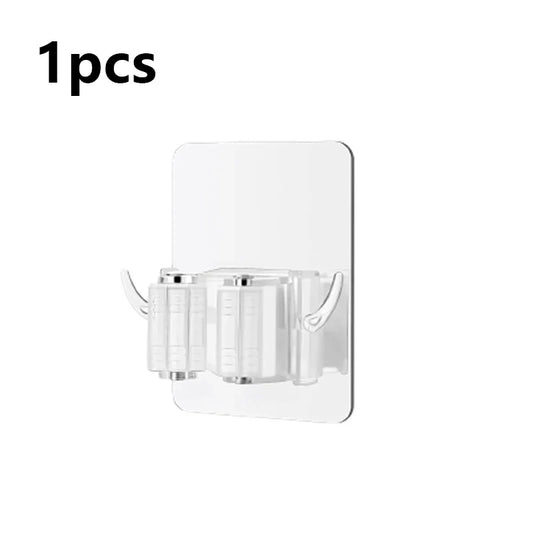 Adhesive Broom Holder, ABS Wall-Mount Mop Organizer with Hooks, 22 lb Capacity, No-Drill Installation, 1 or 2 Piece Set - product view 1