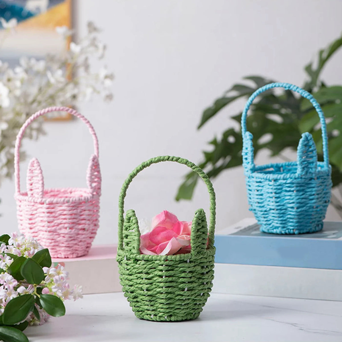 Easter Rabbit-Ear Storage Basket, Reusable Multi-Use Metal and Plastic Organizer, 8.27 x 4.92 x 4.92 in, Gift and Treat Basket - product view 5