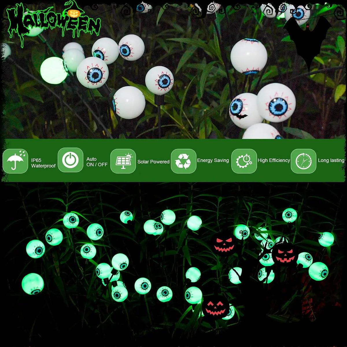 Solar Scary Eyeball Pathway Lights, Green Emitting Color, Dual Modes, 6/8/10 LED Options for Halloween Yard Garden Decor - product view 6