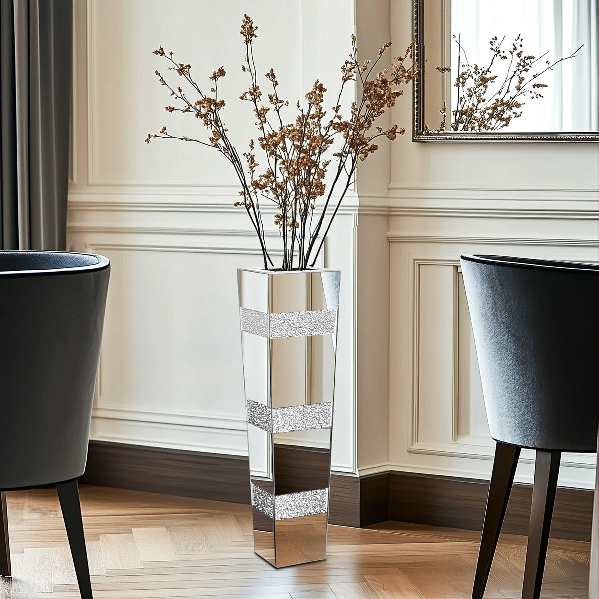 Modern Crystal Diamond Floor Vase, Mirrored Glass Décor, Large Size, 28.15-Inch Statement Accent for Living Rooms - product view 4