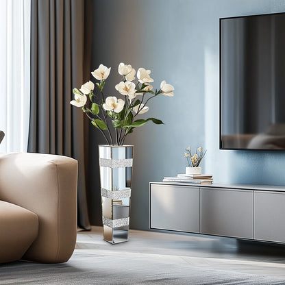 Modern Crystal Diamond Floor Vase, Mirrored Glass Décor, Large Size, 28.15-Inch Statement Accent for Living Rooms - product view 6