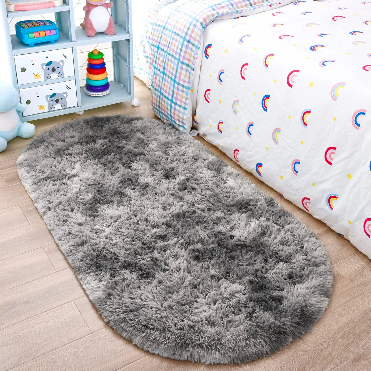 Plush Oval Area Rug, Modern Solid Felt-Style Bedroom and Kids Room Mat with PVC Backing, Anti-Slip Sizes and Colors - product view 1