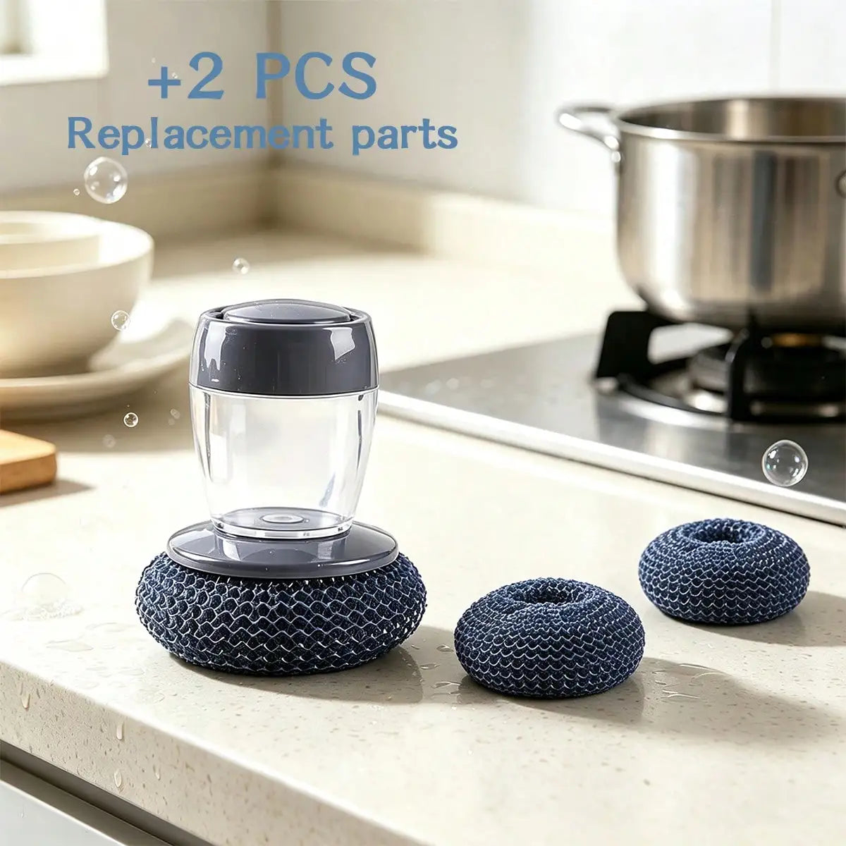Self-Filling Soap Dispensing Dish Brush, Round Wire Scrubber with Replaceable Heads for Dishes, Pans, Sinks and Tiles - product view 1