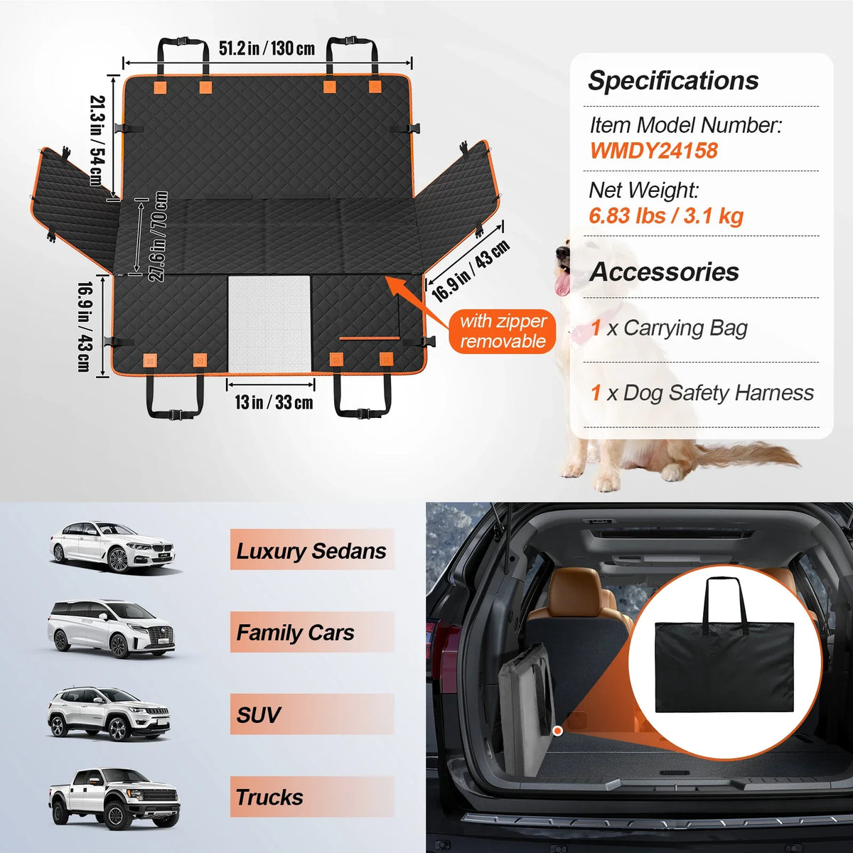 Dog Car Bed Back Seat Extender, Waterproof Nylon Cover with Mesh Window, Safety Belt and Storage Pocket for Comfortable Travel - product view 2