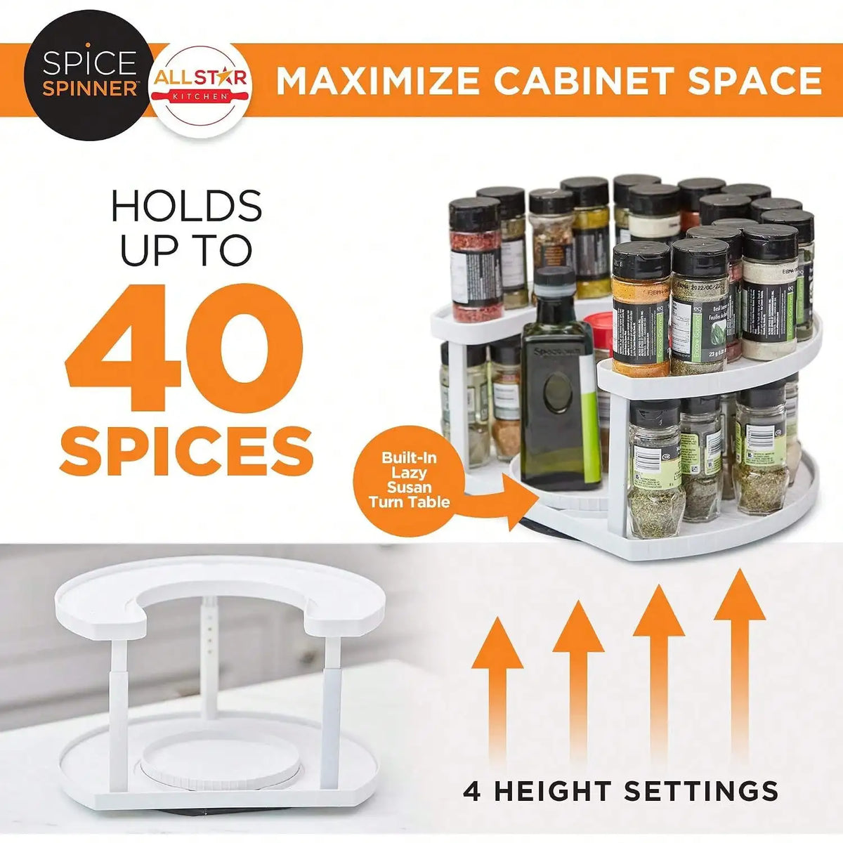 Two-Tier Rotating Spice Organizer, Adjustable-Height Lazy Susan Rack, Holds Up to 40 Bottles for Pantry or Countertop - product view 6
