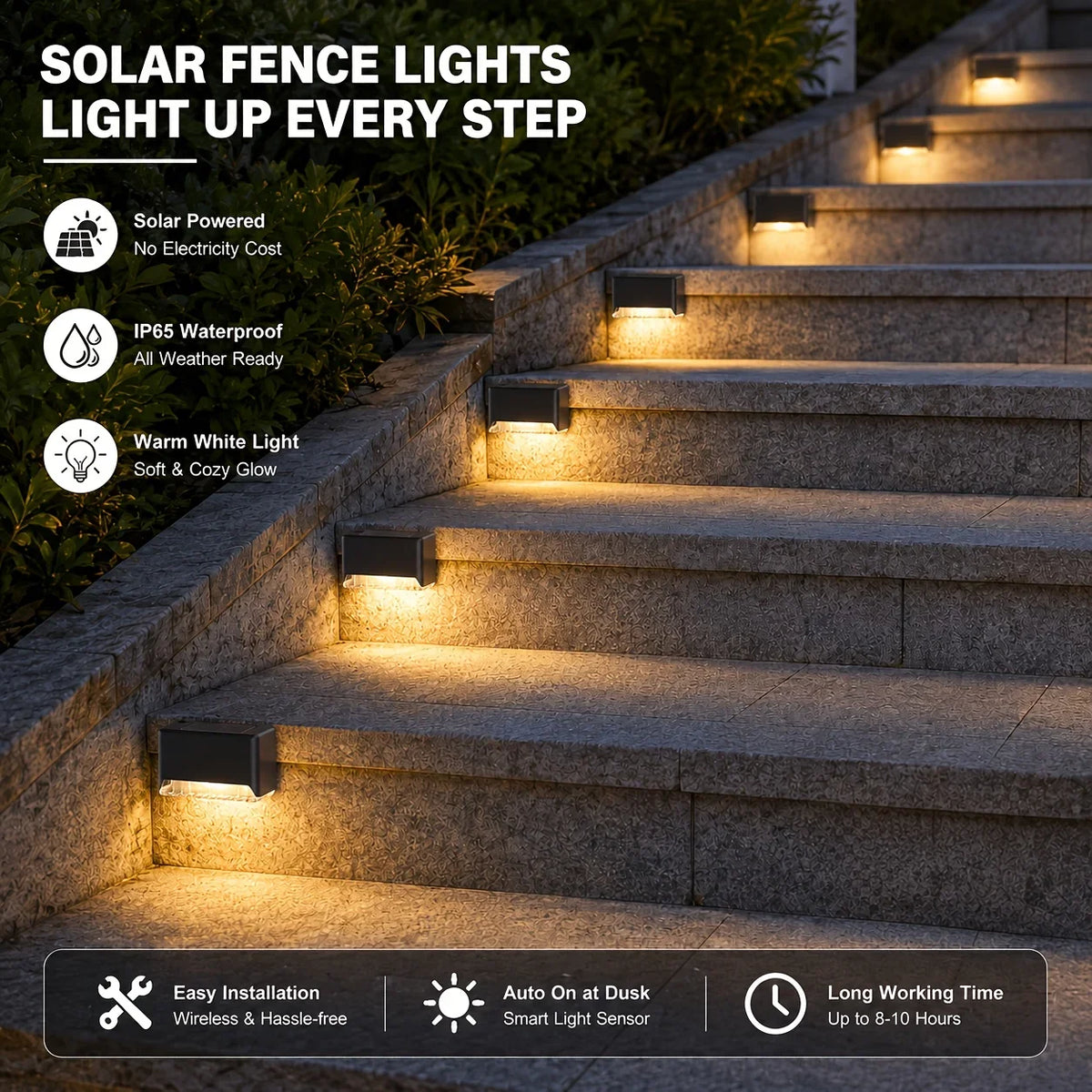 Solar Outdoor Landscape Lights, Waterproof ABS LED Fence and Step Lighting, Push Button, Dimmable, 18 or 36 Light Sets - product view 2