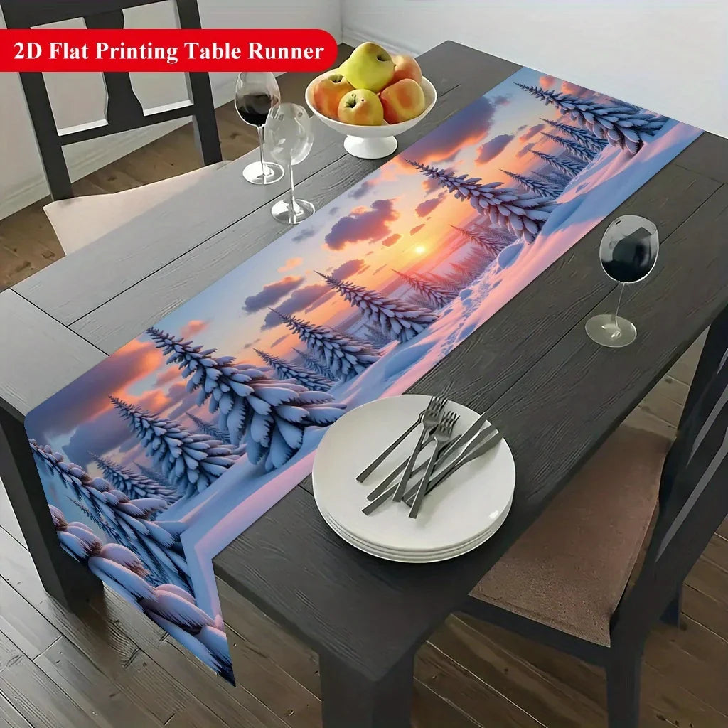 Winter Snow Pine Forest Print Table Runner, Woven Polyester Holiday Dining Decor, Five Sizes for Home and Parties - product view 2
