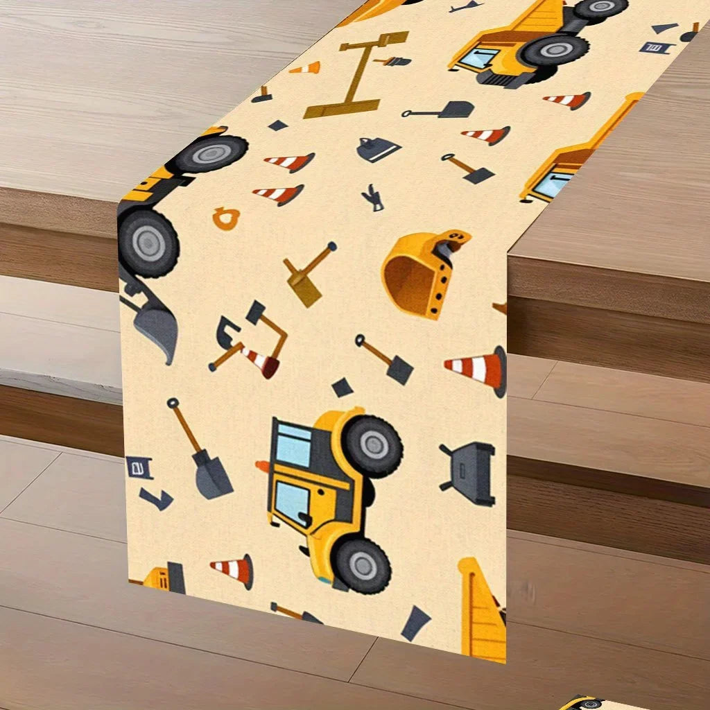 Holiday Table Runner, Printed Woven Polyester, Construction Vehicle Truck and Tractor Design, 5 Length Options - product view 3