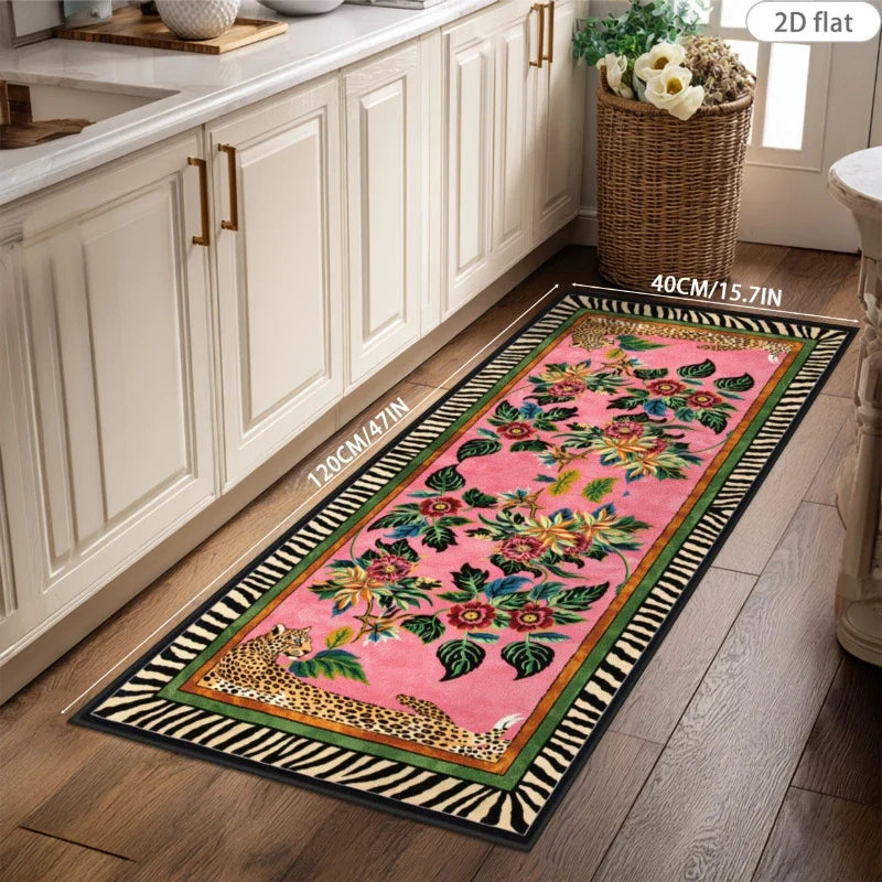 Boho Jungle Leopard Entryway Runner Rug, Cartoon Zebra-Edge Design, Anti-Slip PVC Backing, Multiple Indoor Sizes - product view 1
