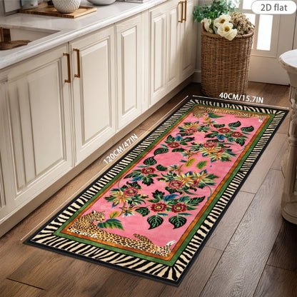 Boho Jungle Leopard Entryway Runner Rug, Cartoon Zebra-Edge Design, Anti-Slip PVC Backing, Multiple Indoor Sizes - product view 1