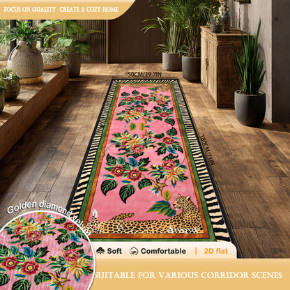 Boho Jungle Leopard Entryway Runner Rug, Cartoon Zebra-Edge Design, Anti-Slip PVC Backing, Multiple Indoor Sizes - product view 3
