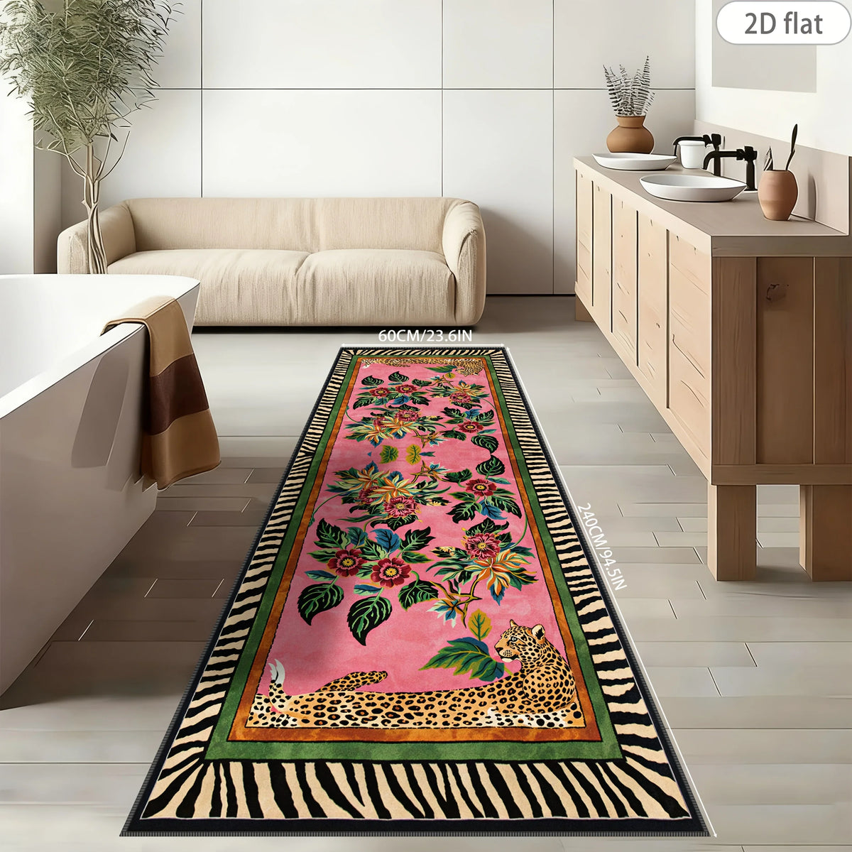 Boho Jungle Leopard Entryway Runner Rug, Cartoon Zebra-Edge Design, Anti-Slip PVC Backing, Multiple Indoor Sizes - product view 6