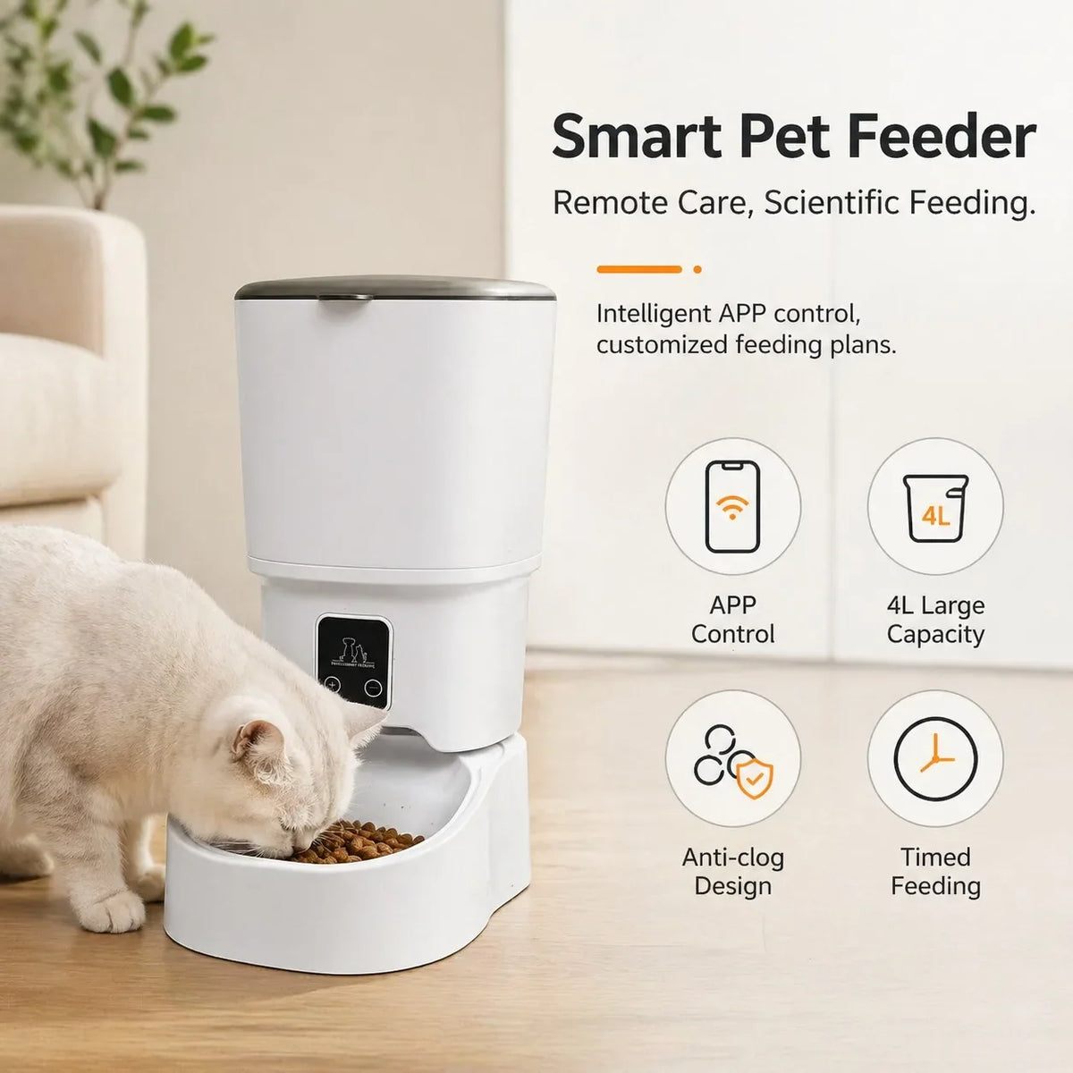 4L Automatic Pet Feeder with Plastic Bowl, USB Type-C Option for Cats and Small Dogs, Home Feeding Station - product view 1