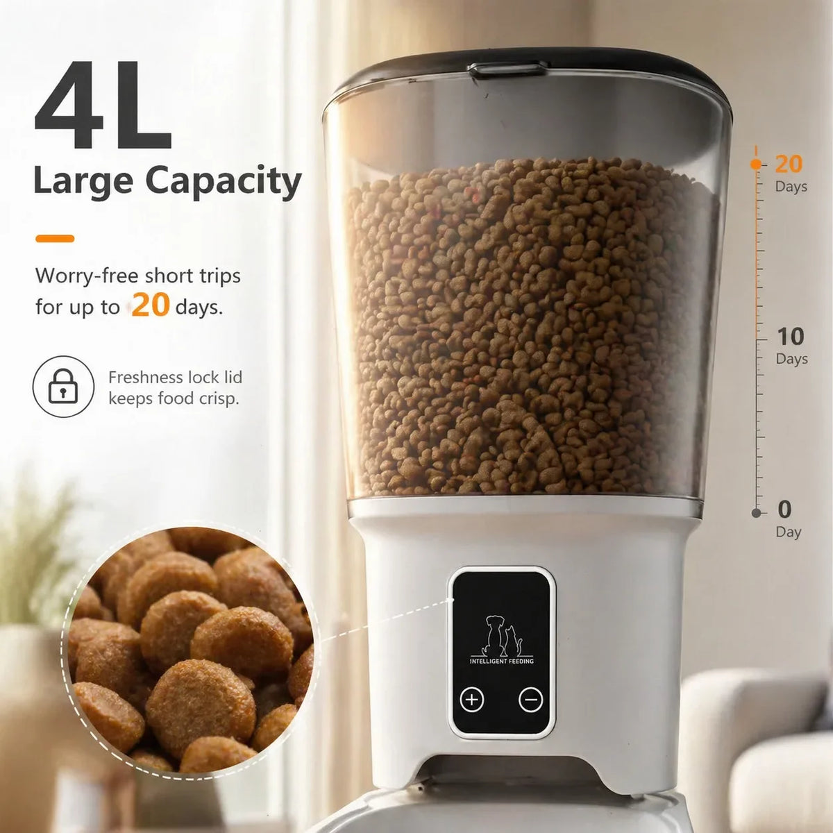 4L Automatic Pet Feeder with Plastic Bowl, USB Type-C Option for Cats and Small Dogs, Home Feeding Station - product view 4