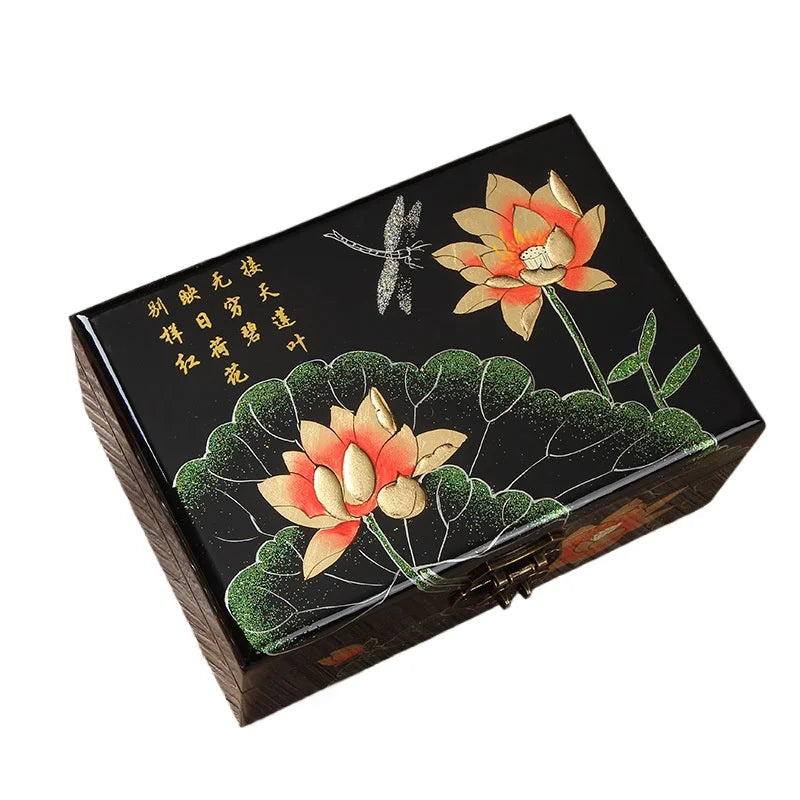 Wooden Jewelry Storage Box, Hand-Painted Lacquer, Multi-Layer Compartments, Square Retro Keepsake Case for Gifts - product view 3