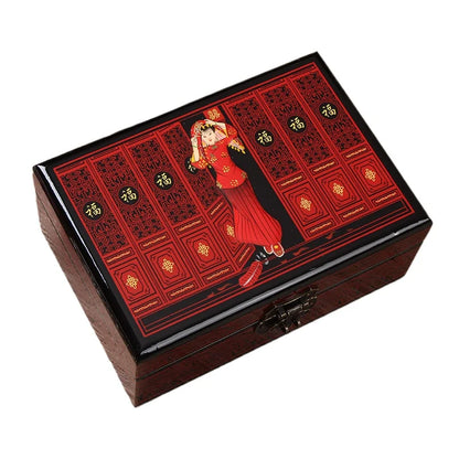 Wooden Jewelry Storage Box, Hand-Painted Lacquer, Multi-Layer Compartments, Square Retro Keepsake Case for Gifts - product view 4