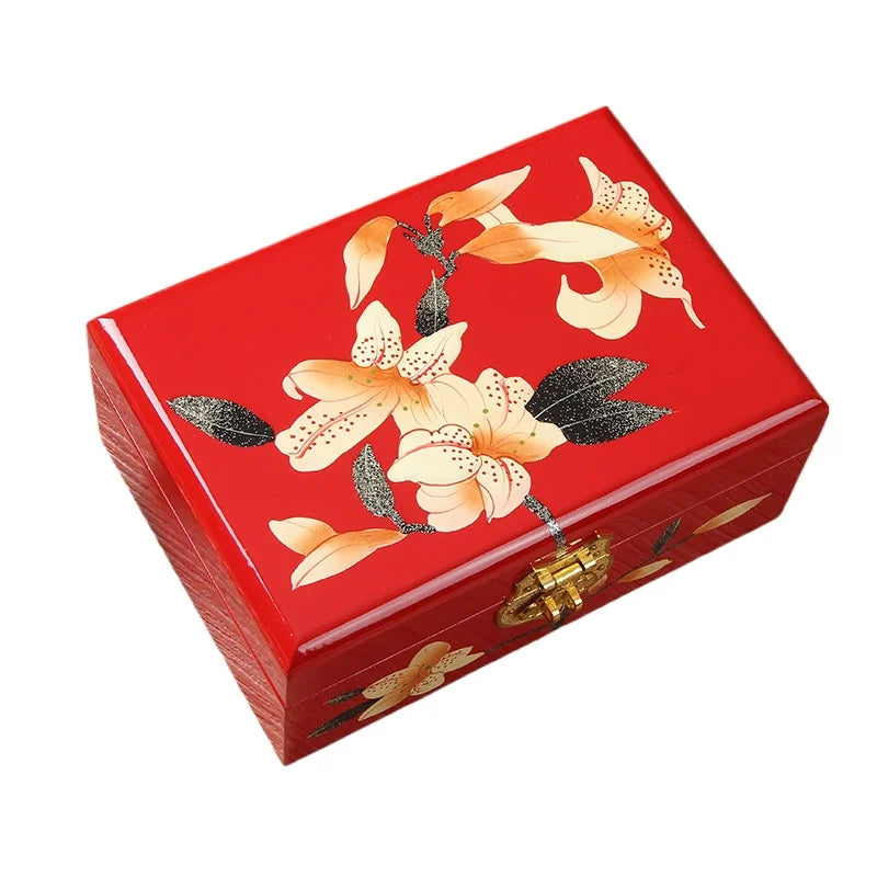 Wooden Jewelry Storage Box, Hand-Painted Lacquer, Multi-Layer Compartments, Square Retro Keepsake Case for Gifts - product view 5